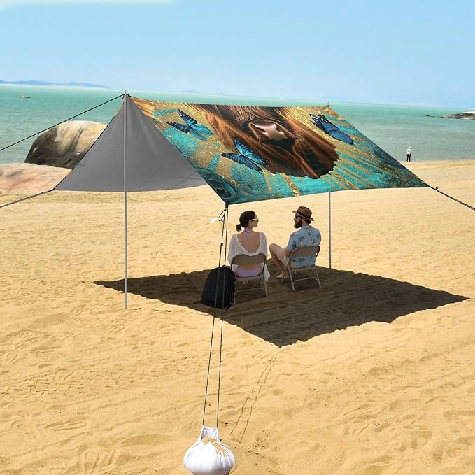 Beach Tent Sun Shelter Highland Cow Sunflowers Lightweight &amp Easy Setup Beach Shade Canopy for Camping Fishing