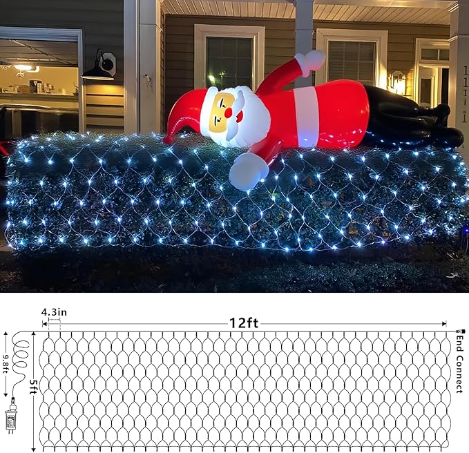 YEGUO Net Lights Outdoor Mesh Lights 12ft x 5ft 360 LED White Bush Light Outdoor Waterproof 8 Modes Connectable Clear Wire Christmas Light Plug in