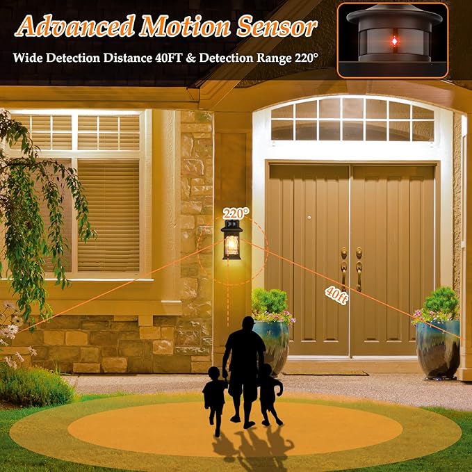 Motion Sensor Outdoor Lights - Retro Dusk to Dawn Outdoor Lighting Advanced LED Motion Sensor Porch Light Fixtures Black Waterproof Exterior Lantern Wall Mount for Front Garage Entryway Anti-Rust