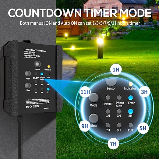 65W Outdoor Low Voltage Transformer Outdoor Landscape Lighting Transformer with Timer and Photocell Sensor 120V AC to 12V DC Weatherproof for Deck Lights Spotlight Pathway Light
