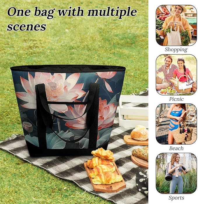 Insulated Shopping BagLarge Reusable Cooler Bags Dragonfly And Lotus Printed Foldable Shopping BagTravel Waterproof Shoulder Bag