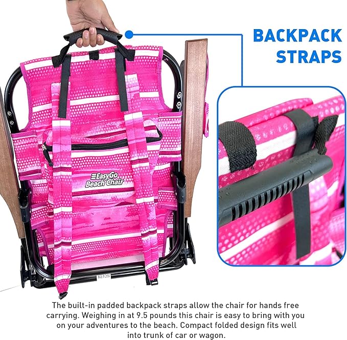 EasyGo Product Backpack Beach Chair 5 Positions and Cup Holder Pouch on Side Padded Pillow Storage Bag on Back Lightweight Rustproof Aluminum Black Frame - 2 Pack Pink
