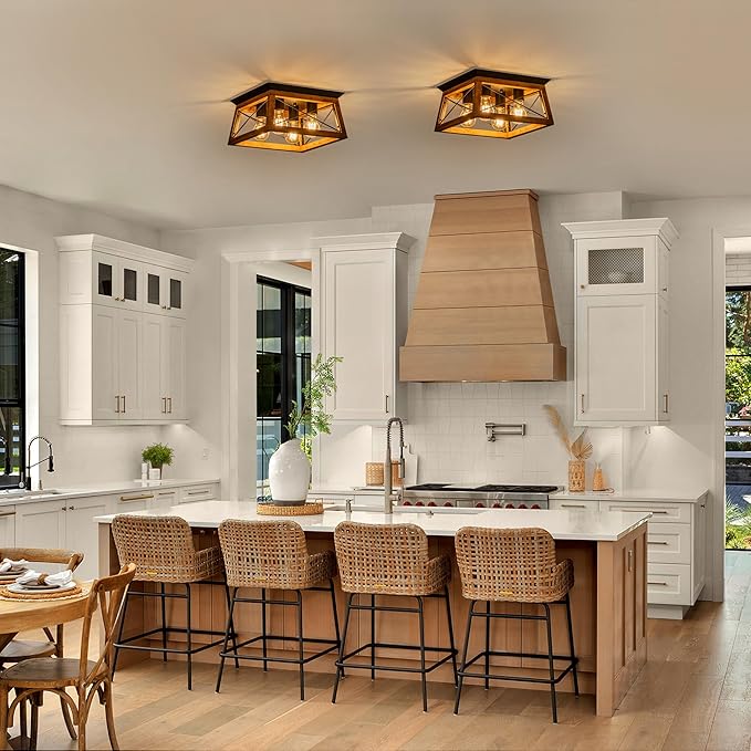 Farmhouse Light Fixture 4-Light Rustic Ceiling Light Trapeziform Wood Flush Mount Ceiling Light for Kitchen Hallway Entryway Bedroom