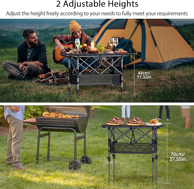 Anbte 2ft Small Roll Up Camping Table 2 Adjustable Height Aluminum Portable Camping Table with Storage Net &amp Bag Lightweight Waterproof Folding Table for Indoor Outdoor BBQ Picnic 25” X 16” Bl