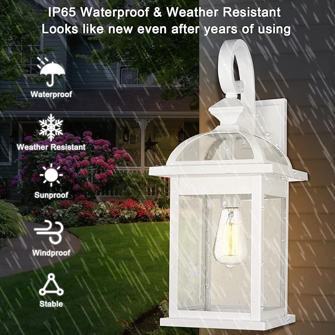 Darkaway Outdoor Lights Fixtures Wall Mount Large 22inch Outdoor Wall Sconce Lights with Seeded Glass Waterproof Outside Exterior Lights Fixture for House Front Porch Patio （Large White）
