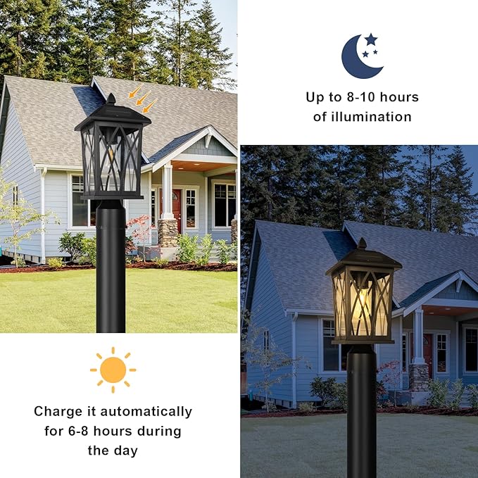 Treekee Solar Outdoor Post Light Black Rustic Outside Pillar Lantern with Clear Glass Waterproof LED Solar Powered Lamp for Patio Garden Pathway Porch Garage Fence 2 Pack (Bulb Included)