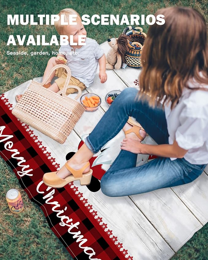 Beach Blanket Waterproof Sandproof Christmas Cute Santa Winter Snowflake Quick Drying Beach Mat with 4 Stakes Red Buffalo Grid Vintage Wooden Board Lightweight Picnic Blanket for Travel 118x108