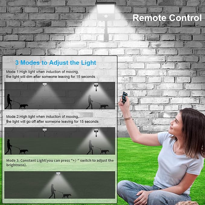 Aqonsie Solar Lights Outdoor with Remote 56LED 180° Adjustable Angle Security Night Light Outside Motion Sensor Remote Control &amp 3 Lighting Modes Solar Lights for Backyard Gutter Courtyard Deck H