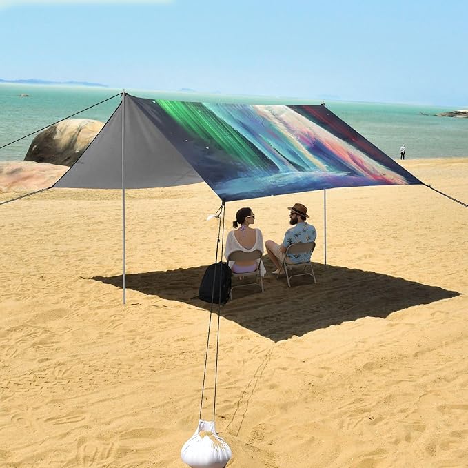 ALAZA Arctic Wolf Polar Lights Beach Tent Sun Shelter UPF50+ Protection Beach Shade Canopy w/ 4 Sandbags for Outdoor Camping Fishing Backyard Fun Picnic 10x9 ft
