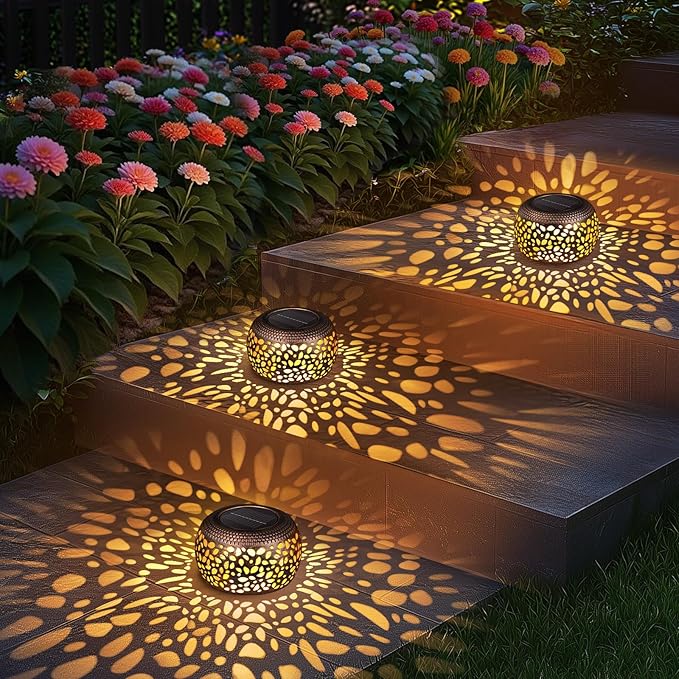 Solar Lanterns Outdoor Waterproof Decor: 2 Pack Red Copper Hollow Out Retro Metal Solar Lights - Unique Gardening Gifts for Women Mom - Outside Patio Porch Yard Tabletop Decorations 2 Lighting Modes