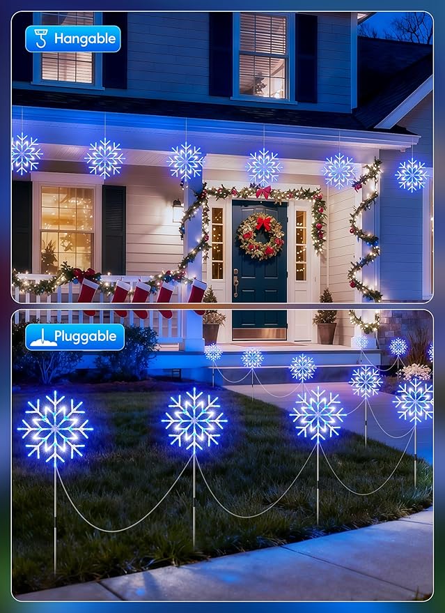 Brightown Large Snowflake Pathway Lights10-Pack 34 Outdoor Snowflake Christmas Lights Decor for Yard 8 Modes Sidewalk Marker Stake for Driveway Walkway IP44 WaterproofBlue and White