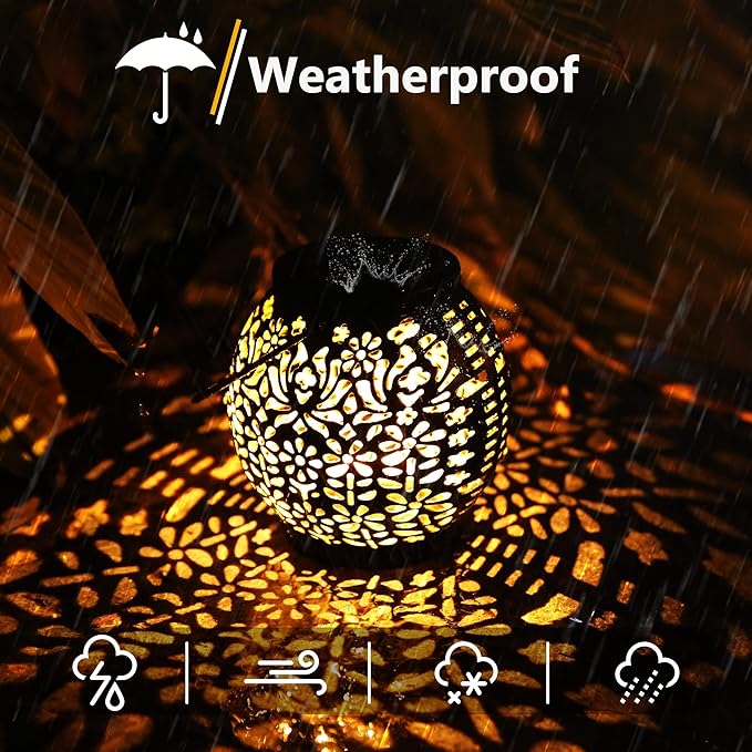 ODEETRONIC 2 Pack Warm White Outdoor Hanging Solar Garden Lanterns with Star Projection Retro Hollowed-Out LED Lights Waterproof for Yard Patio Lawn Porch Pathway Garden