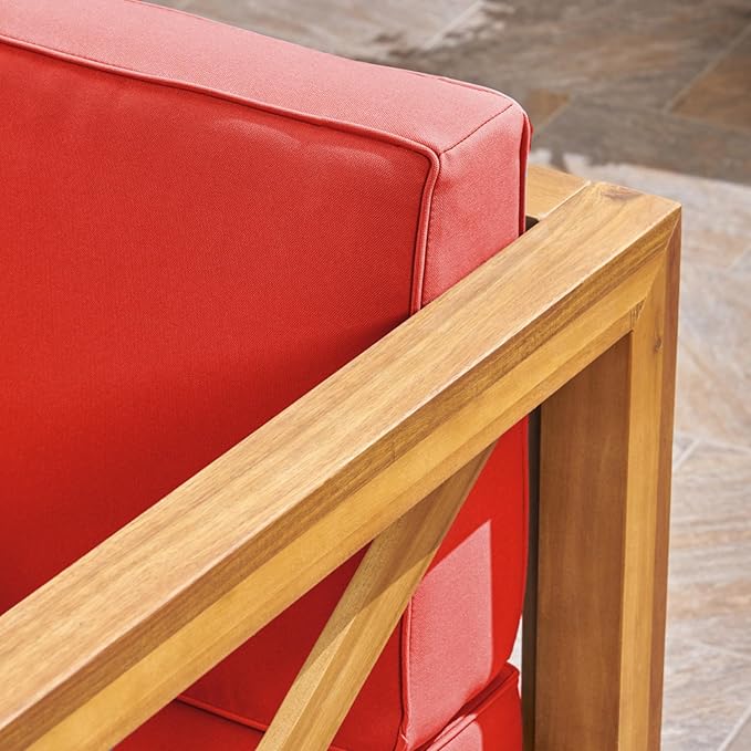 Mid-Century Modern Outdoor Club Chair with Acacia Wood Frame and Water-Resistant Cushions for Patio Garden Backyard Seating (Red)