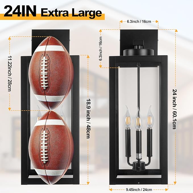 24 Extra Large Fully Enclosed Outdoor Light Fixture 3-Light Black Outdoor Porch Lantern Wall Mounted Waterproof Modern Outside Wall Sconce Coach Lamp for House E12 2 Packs