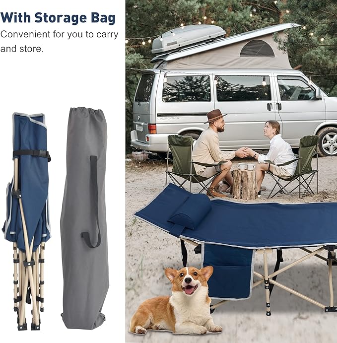 Folding Camping Cots Portable Camping Cot for Adults with Carry Bag Pocket Pillow Outdoor Camping Sleeping Bed for Hiking Traveling Easy to Carry&ampStore Blue