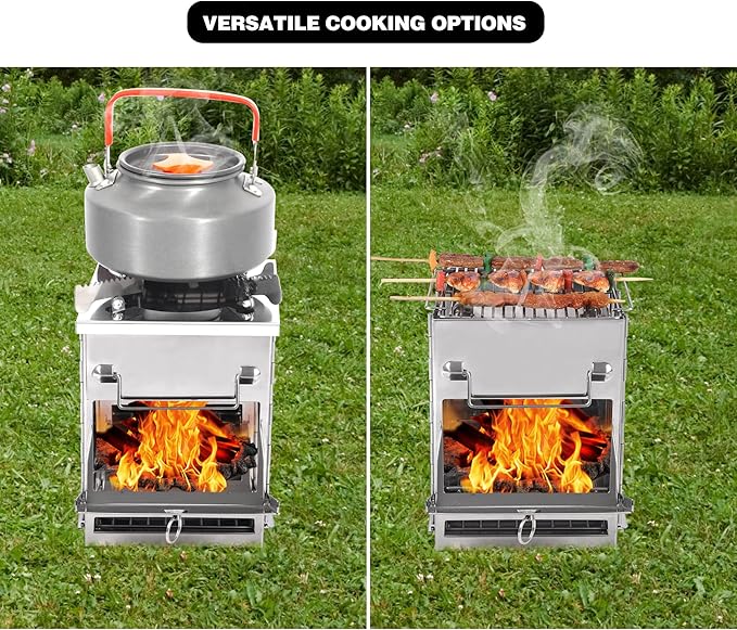 REDCAMP Wood Burning Folding Camp Stove Stainless Steel Grill and Pot Stand Portable Collapsible Backpacking Stove Survival Rocket Stove for Hiking Outdoor Tent Camping Picnic Largel with Pot Stand
