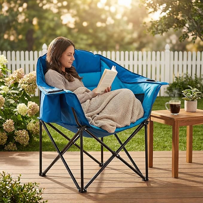 NAIZEA Padded Camping Chairs with Cooler Bag Folding Camping Chair for Adults Outdoor Heavy Duty Heated Lawn Chair for Camp Garden Firepits Patio &amp More