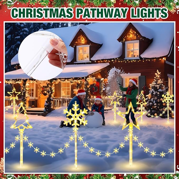 12 Pack Outdoor Snowflake Walkway Lights Plug in Christmas Pathway Lights 8 Modes Xmas Waterproof LED Garden Stake Light for Walkway Porch Yard Lawn(Warm White)