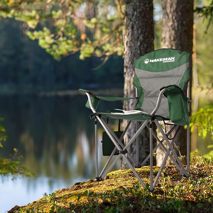 Oversized Camping Chair 300lbs - Heavy Duty Folding Chair with Cooler Pouch and Carry Bag for Camp Sites Tailgates or Beach by Wakeman (Green)