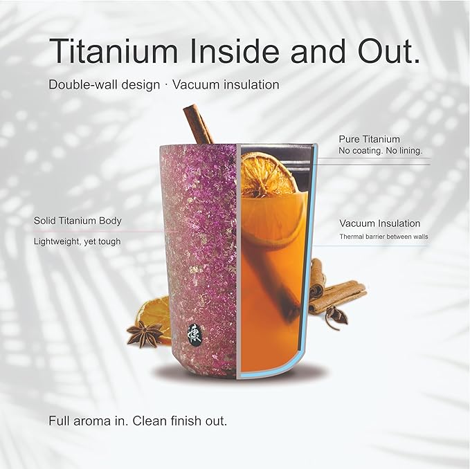 KOYASU Ti-Zen 12oz Pure Titanium Travel Coffee Mug - Grade 1 Titanium Double-Walled Insulated Tumbler - 1668°C Crystalline Texture Zero Metallic Aftertaste - Dawn Pink