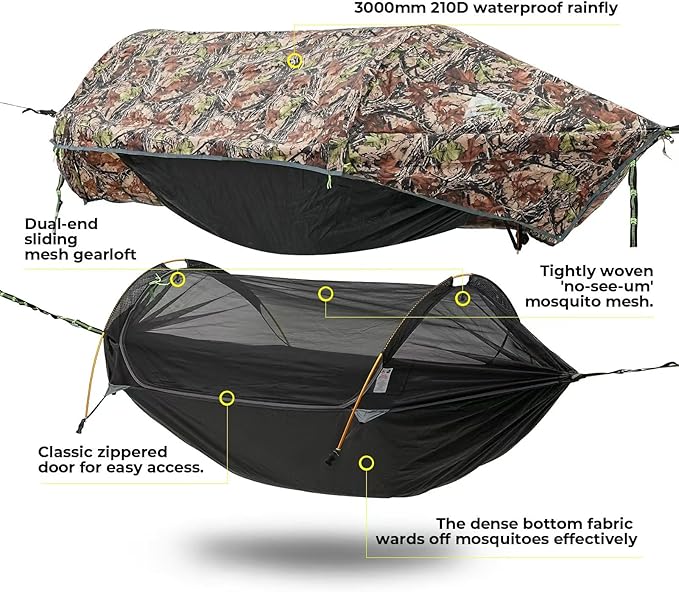 Camping Hammock Tent with Mosquito Net &amp RainFly 3 in 1 Waterproof Lightweight Portable Sleeping Hammock Bug Travel Outdoor Gear with Tree Strap Swing for Hiking Patio Expedition