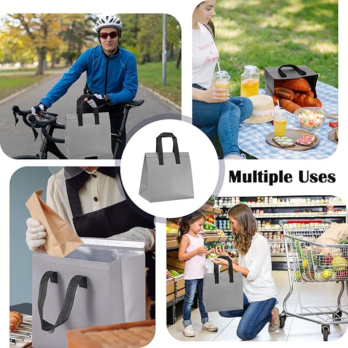 300 Pack Insulated Bags Bulk for Food Delivery 9.5 x 9.5 x 6 Thermal Take Away Bag for Hot Cold Food Coffee Milk Pizza Seafood Disposable Grocery Bag for Catering Restaurant(Grey)