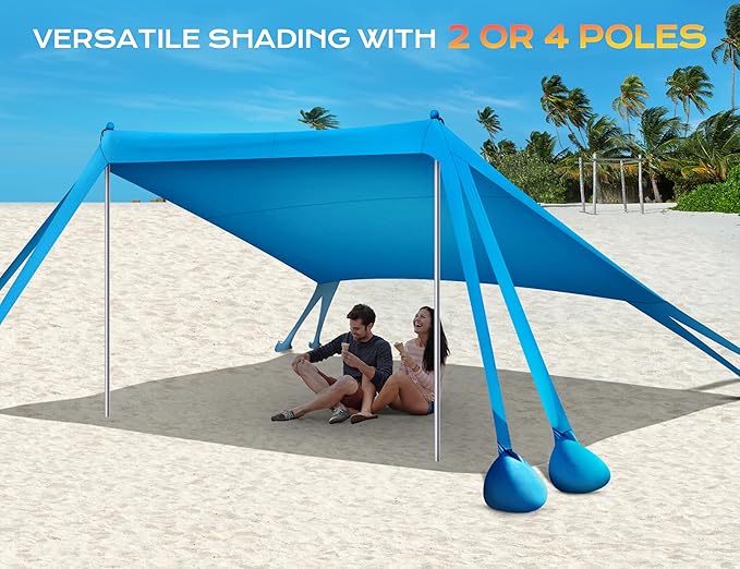 Rengue Beach Tent Beach Canopy UPF50+ UV Protection 10x10ft Beach Shade Sun Shelter with 8 Sandbags Sand Shovels Ground Pegs Stability Poles for Camping Fishing Picnics Backyard Fun Sky Blue