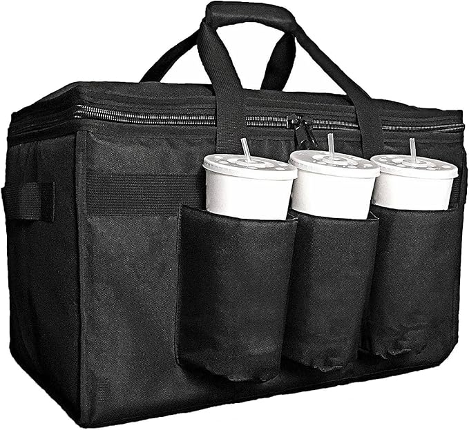 1 PCS Food Delivery Bag Black with Cup Holders/Drink Carriers Great for Beverages Grocery Pizza Commercial Quality Hot and Cold