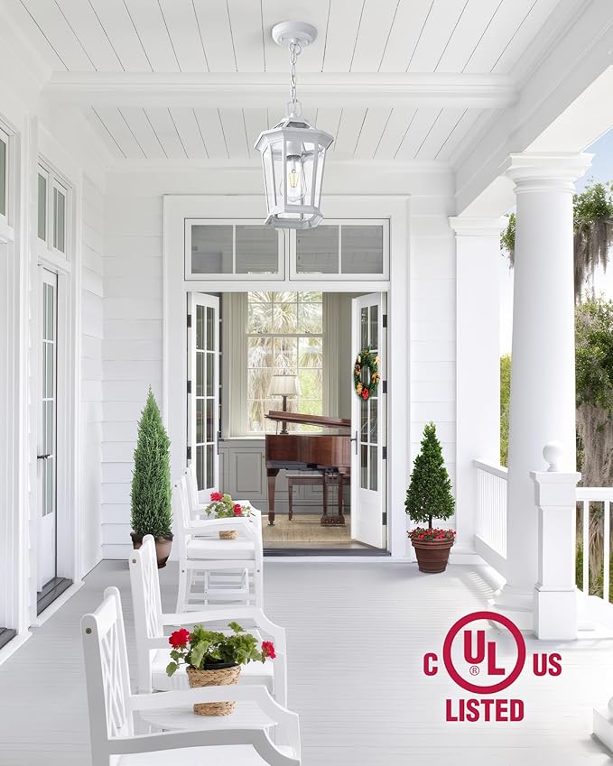 VIANIS White Outdoor Pendant Lights Modern Hanging Outside Lights Lantern Aluminum Porch Lights Outdoor Ceiling Outside Chandelier for Porch with Clear Glass for House Doorway