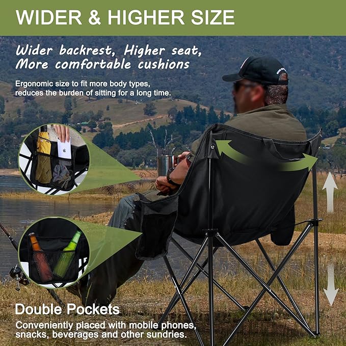 Joyfair Outdoor Camping Chair for Adult Large Portable Folding Moon Chairs with Carry Bag for Patio Beach Fishing Lawn and More Outdoor Sports 600D Oxford Fabric &amp Heavy Duty Steel (2 Black)