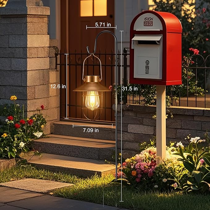 pearlstar 2 Pack Solar Lights Outdoor Hanging Solar Lanterns with Edison Bulb and 2 x 32 Inch Shepherd Hooks Waterproof Landscape Lighting for Garden Patio Yard Pathway Driveway Lawn (Copper)