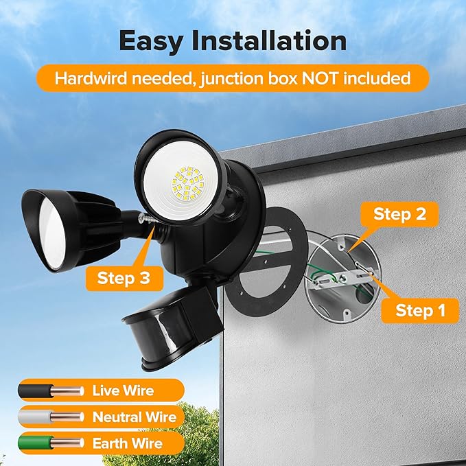 UME LED Security Light Motion Sensor Outdoor Lights 27W 3000LM 5000K IP65 Waterproof Dusk to Dawn 2 Head Motion Detector Flood Light for Outside Garage Yard (Black)