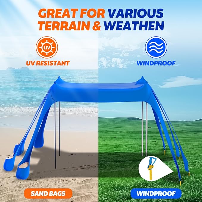 FAHKNS Beach Tent Camping Sun Shade UPF50+ with 8 Sandbags Sand Shovel Ground Spikes and Stabilizer Poles 10x10ft Beach Sunshade Beach Tent for Camping Fishing and Picnicking (Blue)