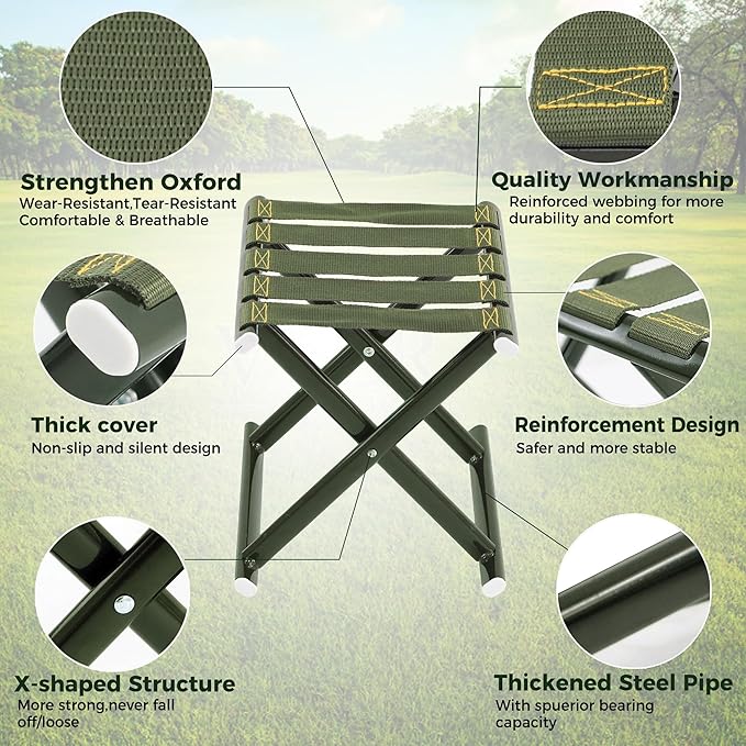 Heavy Duty Folding Stool Full Steel Frame Camping Stool for Adults 400LBS Capacity Military Green Portable Stool with Thickened Webbing Anti-Slip Feet for Outdoor Camping Hunting Fishing Gardening