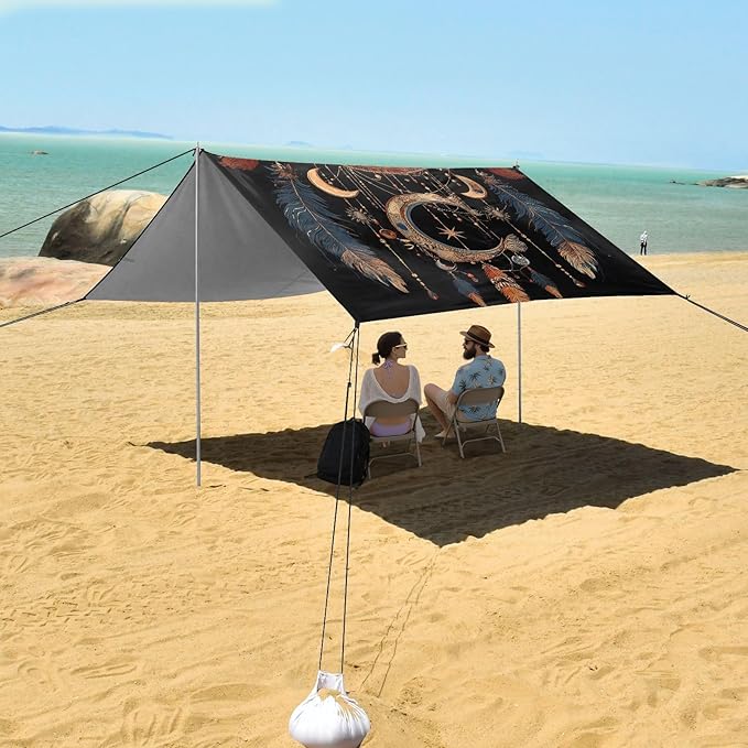 ALAZA Sun Moon Dreamcatcher Beach Tent Sun Shelter UPF50+ Protection Beach Shade Canopy w/ 4 Sandbags for Outdoor Camping Fishing Backyard Fun Picnic 10x9 ft