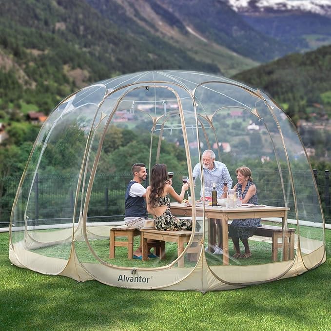 Alvantor® Pop Up Bubble Tent® - 15’ x 15’ Instant Igloo Tent® - 12-15 Person Screen House for Patios - Large Oversize Weather Proof Pod - Cold Protection Camping - Beige