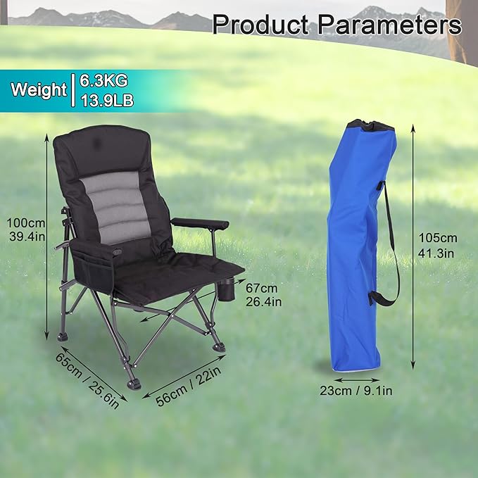 Camping ChairsAdjustable Backrest ChairOversized Lawn Chair Supports 350lbsOut Door Folding Chairs with Side Pockets and Cup HolderIdeal for BeachFishingCampingPatio Relaxation