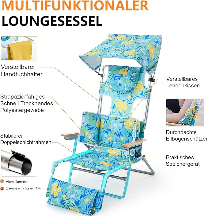 Oversized Heavy Duty Backpack Beach Chair with Sun Canopy Reclining Lounge Chair Tanning Chair with Face Hole 5-Position Foldable Camping Chair for Outdoor Sunbathing Beach Patio Pool (Yellow/Green)