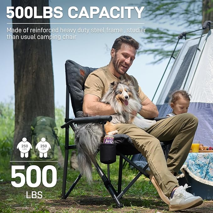 EVER ADVANCED Padded Oversized Folding Camping Chair for Adults Heavy Duty Lawn Chair with Side Pockets Portable Collapsible Quad Chair for Outside Support Up to 500lbs Black