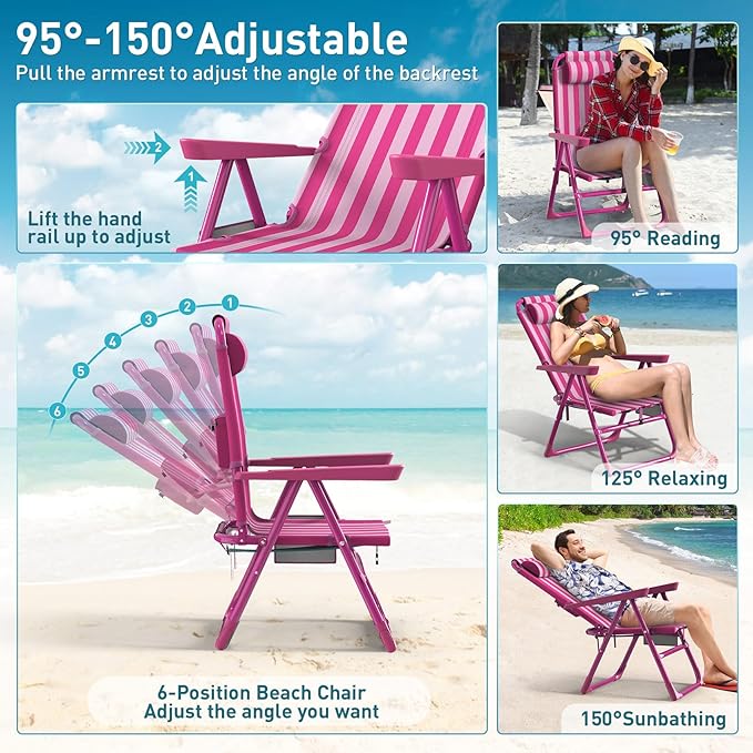 Suteck Backpack Beach Chairs for Adults 2 Pack 6-Position Folding Reclining Chair with Cooler Bag &amp Cup Holder Lightweight Portable Beach Chair for Camping Outdoor Sand Travel Use