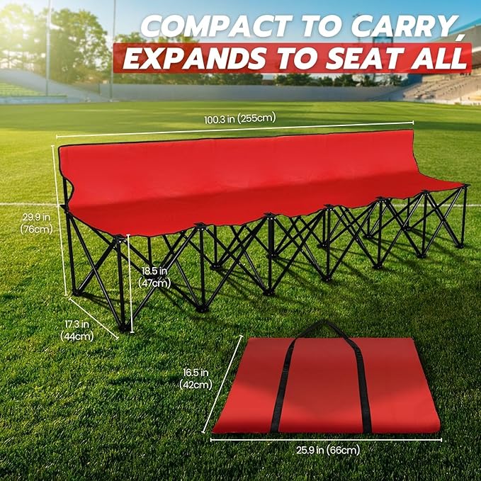Flexzion Portable Folding Bench Seat 6 Seater Collapsible Soccer Bench Portable Bench Seats for Bleachers Camping Sideline with Back Rest and Carrying Bag Red