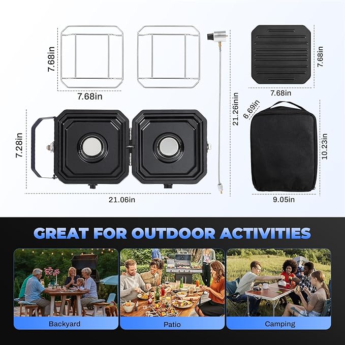 Propane Double Burner Two Burner Camp Stove 16000 BTU Portable Folding Gas Stove for Camping With grill grill pan and carry bag For camping home backyard canning frying turkey (Blue)