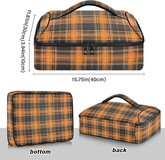 Casserole Carrier Orange and Brown Tartan Pattern Insulated Casserole Carrier for Hot or Cold Food Thermal Lunch Tote for Parties Picnic Travel Carry Bag