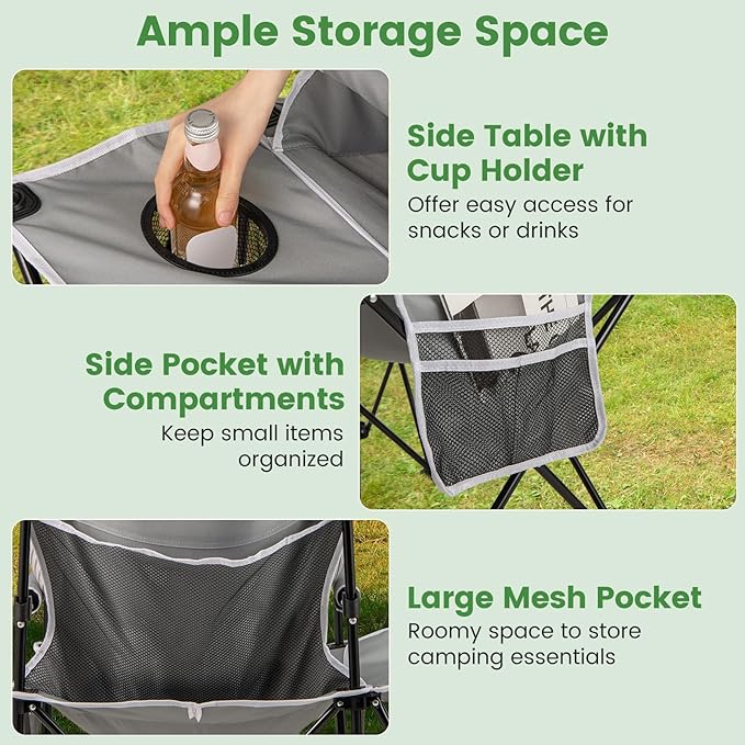 Goplus Oversized Camping Chair with Side Table Folding Heavy-Duty Picnic Chair w/ 2 Storage Pockets Cup Holder Padded Armrests Carrying Bag Portable Outdoor Chair for Fishing RV Trip (Gray2)