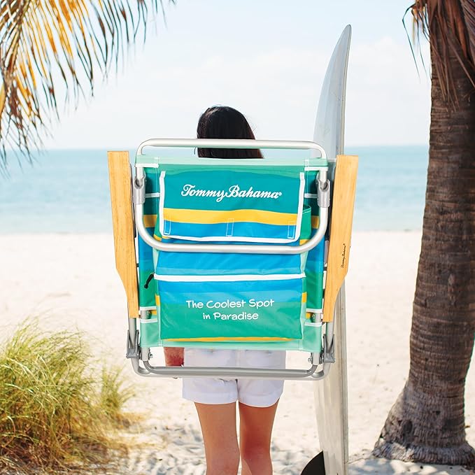 Tommy Bahama 5-Position Classic Lay Flat Backpack Beach Chair with Cooler and Cup Holder Portable Folding Beach Chair for Tanning Pineapple Stripe