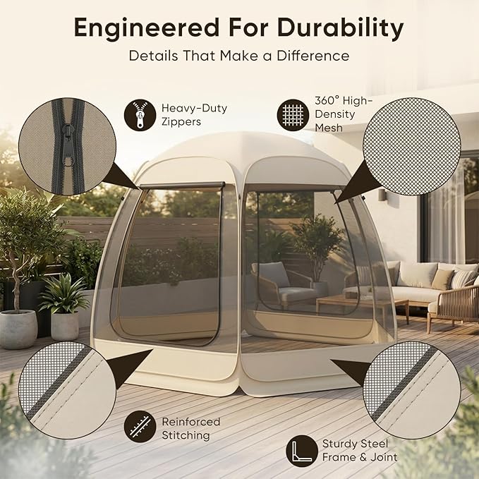 TABU Pop Up Screen House Tent 10x10 FT Screen Room Canopy with Mosquito Mesh Instant UV Resistant Shelter with Carry Bag for 6-8 Person Beige