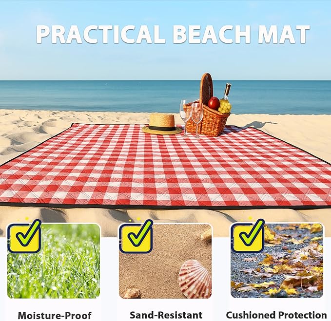 TigeJoy Extra Large Picnic Blanket Waterproof Foldable 60''x80'' Outdoor Picnic Mat Beach Blanket Sandproof for Park Grass Travel Hiking Camping Essentials Gingham Picnic Blanket