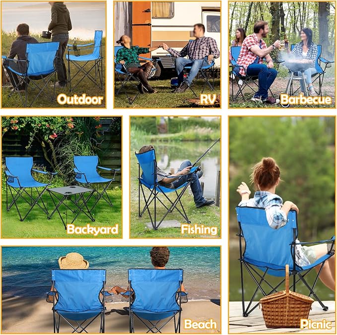 HaSteeL Folding Camping Chair Set of 3 Foldable Blue Camp Chairs &amp Grey Table Large Lawn Chair Portable for Adults Hiking Fishing Picnic Outdoor BBQ Travel Sports Cup Holders &amp Storage