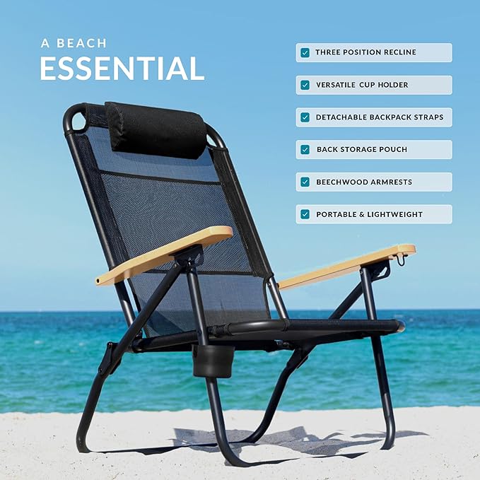 Water Buffalo Bondi Beach Chair – Backpack Beach Chair for Adults with Reclining Positions Cup Holder &amp High Back Support