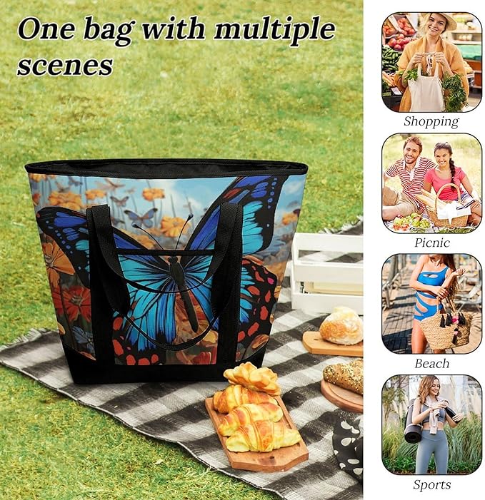Insulated Shopping BagLarge Reusable Cooler Bags Big Butterfly Printed Foldable Shopping BagTravel Waterproof Shoulder Bag